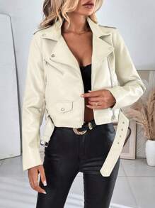 SHEIN Essnce Solid Color Pocket Zipper Belted Casual Fashion Long Sleeve Jacket - Beige - View 3
