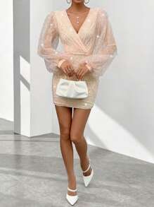 SHEIN Privé Surplice Neck Lantern Sleeve Sequin Bodycon Dress - Apricot - View 6