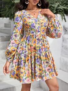SHEIN VCAY Vestido con estampado floral de manga farol bajo con fruncido - Multicolor - Ver 2