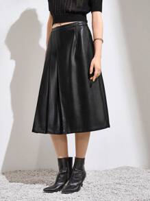 SHEIN Essnce PU Leather Pleated Skirt - Black - View 3