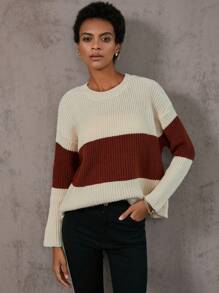 Aveloria Colorblock Drop Shoulder Ribbed Knit Sweater Knit Pullover Fall Winter Outfit
