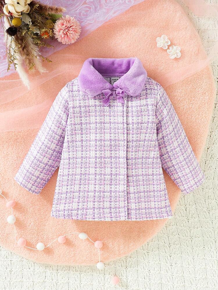 Baby Girl Plaid Pattern Borg Collar Bow Front Coat