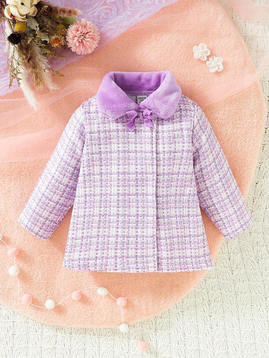 SHEIN Baby Girl Plaid Pattern Borg Collar Bow Front Coat - Multicolor - View 1