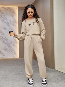 Teen Girl Letter Graphic Drop Shoulder Sweatshirt & Sweatpants - Khaki - View 5