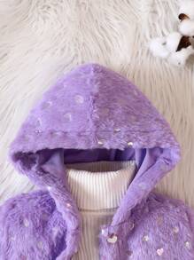 Baby Girl Solid Button Front Hooded Fluffy Coat Without Sweater - Mauve Purple - View 5