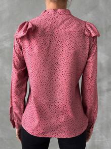 EURMUSE Polka Dot Print Ruffle Trim Button Front Shirt - Pink - View 2