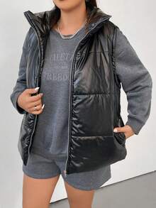 Flirla Plus Zip Up Puffer Vest Coat - Black - View 4