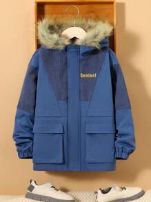 SHEIN Tween Boy 单件翻盖口袋毛绒装饰连帽夹棉大衣