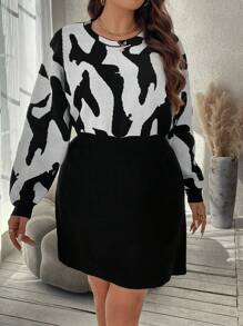 SHEIN Clasi Plus Graphic Pattern Drop Shoulder Sweater Dress - Black and White - View 1