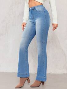 SHEIN Privé 喇叭褲腿牛仔褲 - 淺色水洗藍 - 查看 5