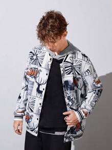 青少年男孩波普藝術圖案條紋飾邊落肩袖夾克無連帽衫 - 黑與白 - 查看 3