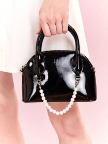 SHEIN MOD Women's Black Pu Leather Handbag With faux Pearl Chain Decoration, Double Handles, Adjustable Shoulder Strap, Zipper Closure, Minimalist And Multifunctional - Black - View 1