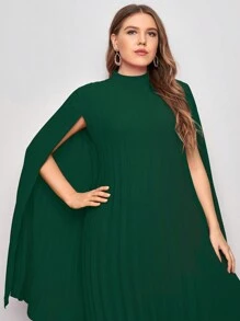 SHEIN Belle Plus Solid Pleated Cape Sleeve Cocktail Dress - Dark Green - View 3