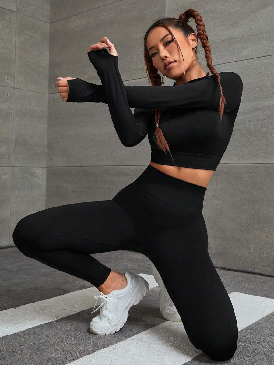 Seamless Thumbholes Top-stitching Sports Set - Light Grey - View 1