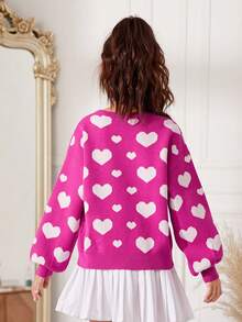 SHEIN 女大童愛心圖案燈籠袖套頭毛衣 - 玫紅色 - 查看 2