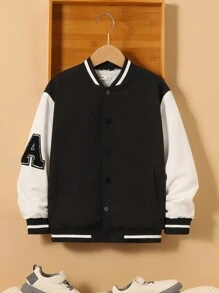 SHEIN Tween Boy Slogan & Lightning Print Two Tone Varsity Jacket - Black - View 5