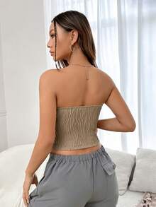SHEIN EZwear Chất rắn Textured Ống ngọn - Màu Khaki - Xem 2