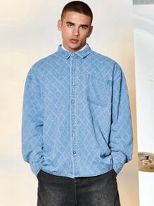 Manfinity Hypemode Loose Fit Men's Pocket Patched Denim Shirt - Light Wash - View 5