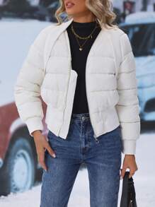 SHEIN Essnce Zip Up Hooded Padded Padded Coat For Winter Clothes - Beige - View 4