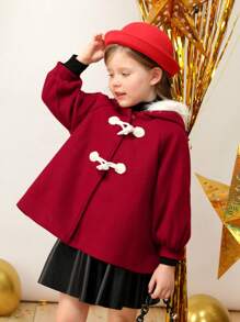 SHEIN 女小童毛茸邊連帽粗呢大衣適用於聖誕 - 酒紅色 - 查看 4