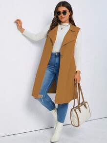 SHEIN LUNE Áo khoác cỡ lớn Nút màu trơn Thanh lịch - màu nâu - Xem 3