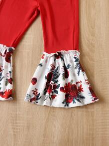 SHEIN Young Girl Floral Print Ruffle Trim Bow Front Dress & Flare Leg Pants & Headband