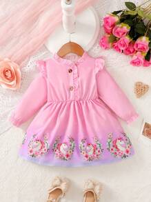 女嬰印花荷葉邊洋裝 - 粉色 - 查看 1