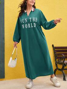 Mulvari 大碼標語圖案拼接領落肩袖洋裝 - 綠色 - 查看 5
