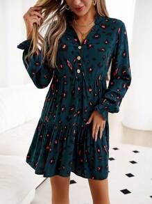 SHEIN Clasi 滿版印花喇叭袖荷葉邊娃娃裙