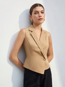 SHEIN BIZwear Lapel Collar Single Button Vest Blazer - Camel - View 5
