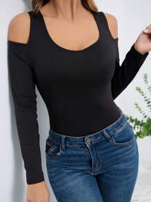INAWLY Solid Cold Shoulder Slim Fit Tee Fall Cloth For Women - Black - View 3