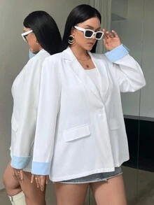 SHEIN Essnce 大碼西裝領翻蓋細節單釦西裝外套 - 白色 - 查看 5