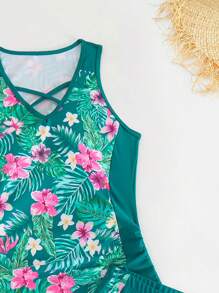 Swim Lushoire Summer Beach Tropical Print Criss Cross Drawstring Side Tankini - Dark Green - View 5