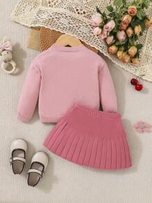 SHEIN Baby Girl Cherry Pattern Sweater & Pleated Knit Skirt - Pink - View 2