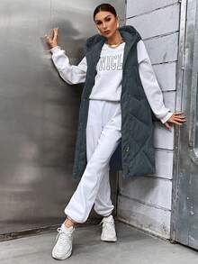 SHEIN Essnce 女士冬季衣服纯色拉链领侧开衩下摆长款连帽加厚棉服外套 - 深灰色 - 查看 4