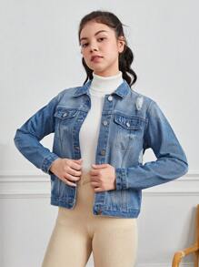 青少年女孩破洞翻蓋口袋牛仔夾克 - 中等水洗藍 - 查看 1