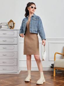 Teen Girl Flap Pocket Denim Jacket - Medium Wash - View 6