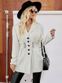 SHEIN LUNE Lapel Collar Drawstring Waist Flap Detail Single Breasted Blazer - Grey - View 3