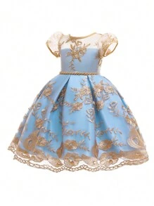 SHEIN Glamorique Kids 少女刺繡網紗罩衫洋裝 - 彩色 - 查看 1