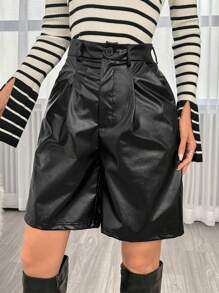 SHEIN Essnce 拼接細節PU皮革百慕大短褲 - 黑色 - 查看 4