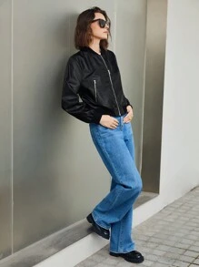 BizChic Zip Up PU Leather Bomber Jacket - Black - View 3