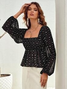 SHEIN VCAY Geo Print Lantern Sleeve Peplum Blouse,Long Sleeve Tops - Black and White - View 1