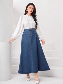 SHEIN Privé Button Front Denim Skirt - Dark Wash - View 2