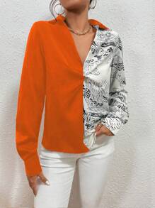 Chiquease Graphic Print Twist Front Two Tone Shirt - Burnt Orange - View 5