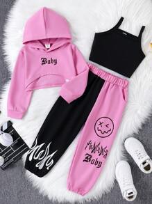 SHEIN 女童字母圖案連帽衫、運動褲和吊帶背心 - 粉色 - 查看 1