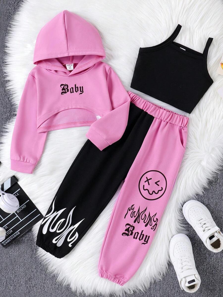 SHEIN 女童字母圖案連帽衫、運動褲和吊帶背心 - 粉色 - 查看 1
