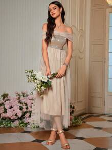 SHEIN Belle Off Shoulder Contrast Sequin Mesh Bridesmaid Dress, Semi Formal Dress