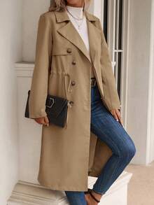 SHEIN LUNE Lapel Neck Double Breasted Drawstring Waist Trench Coat - Khaki - View 6