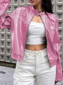 SHEIN Unity 拉鏈開襟PU皮革夾克 - 粉色 - 查看 5