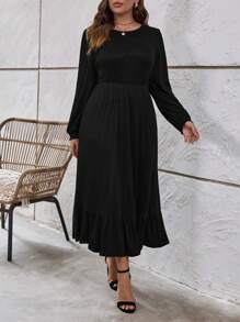 SHEIN LUNE Plus Solid Ruffle Hem Dress Without Belt - Black - View 5